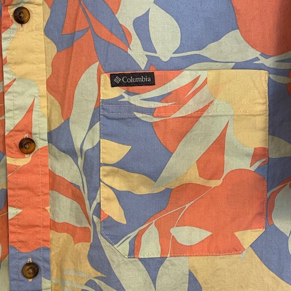 Columbia Mens Large Short Sleeve Tropical Leaf Button Down‎ Shirt Orange - Picture 4 of 7